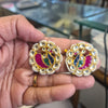 Navratna Kundan Peacock Round Studs | Polki Diamond, Multicolour Stones, Pearl Border | Push Back