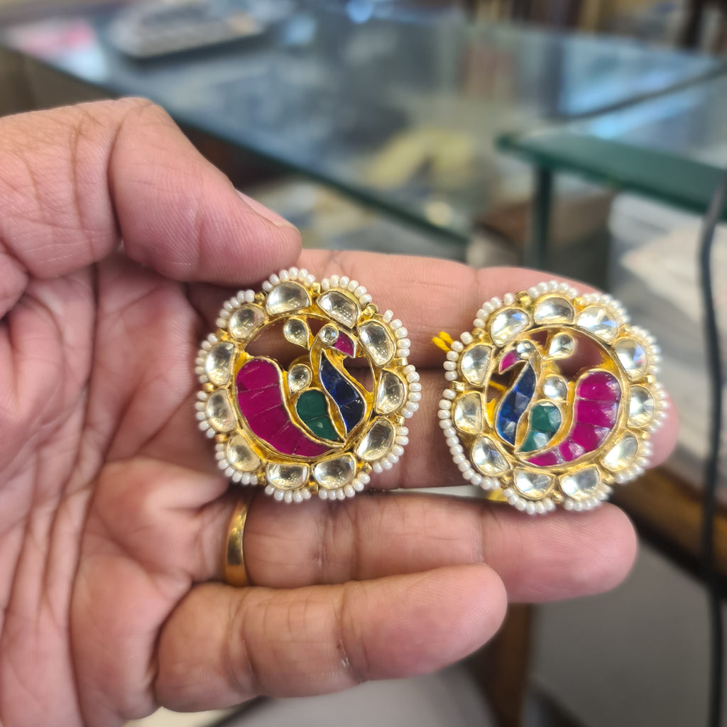 Navratna Kundan Peacock Round Studs | Polki Diamond, Multicolour Stones, Pearl Border | Push Back