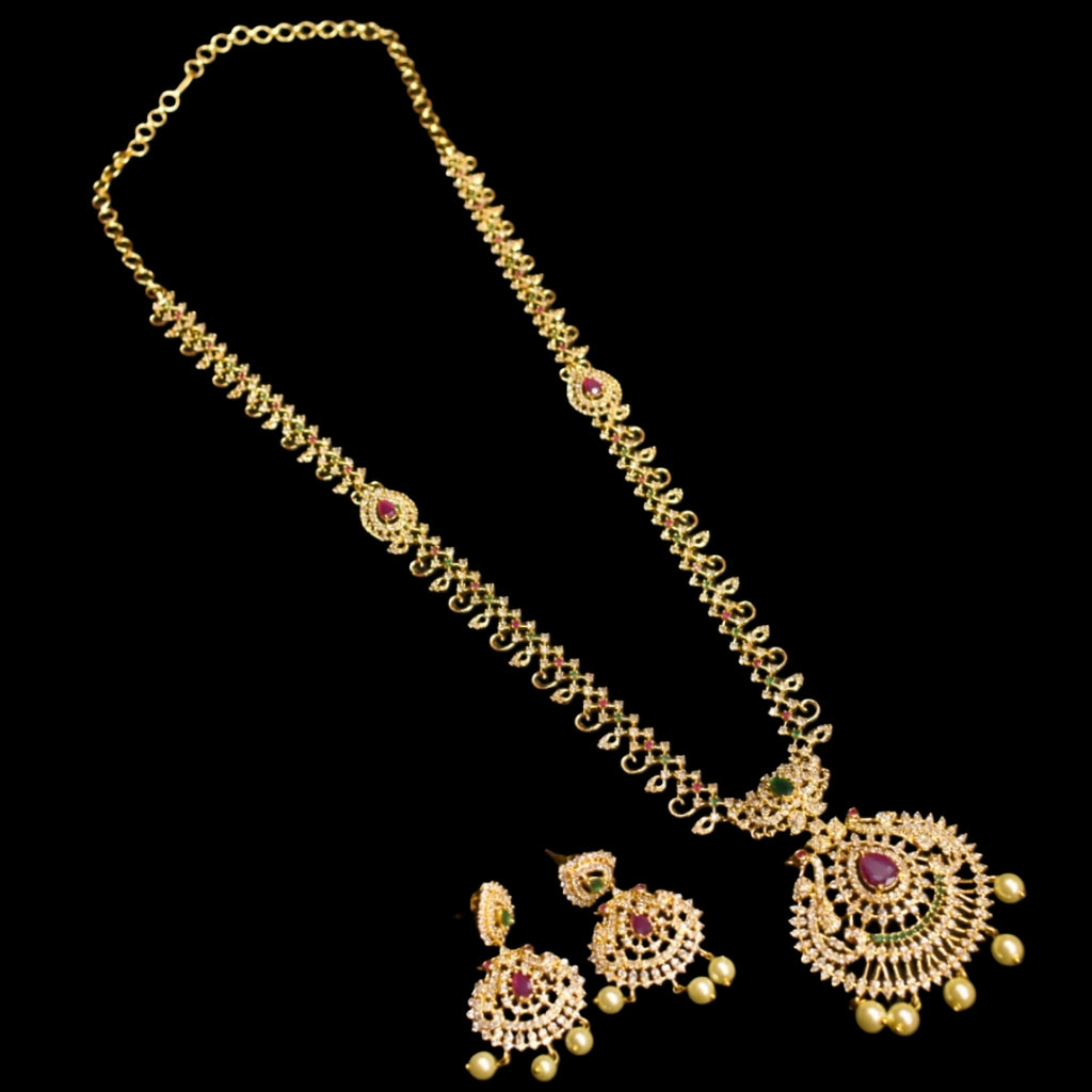 CZ Gold Plated Long Necklace Set - Exquisite Bridal Statement Jewelry