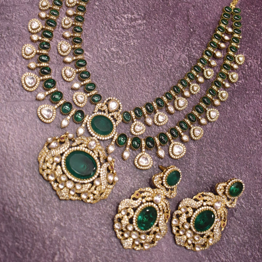Moissanite Kundan Necklace Set - 24K Gold Emerald Maang Teeka Wedding Jewelry