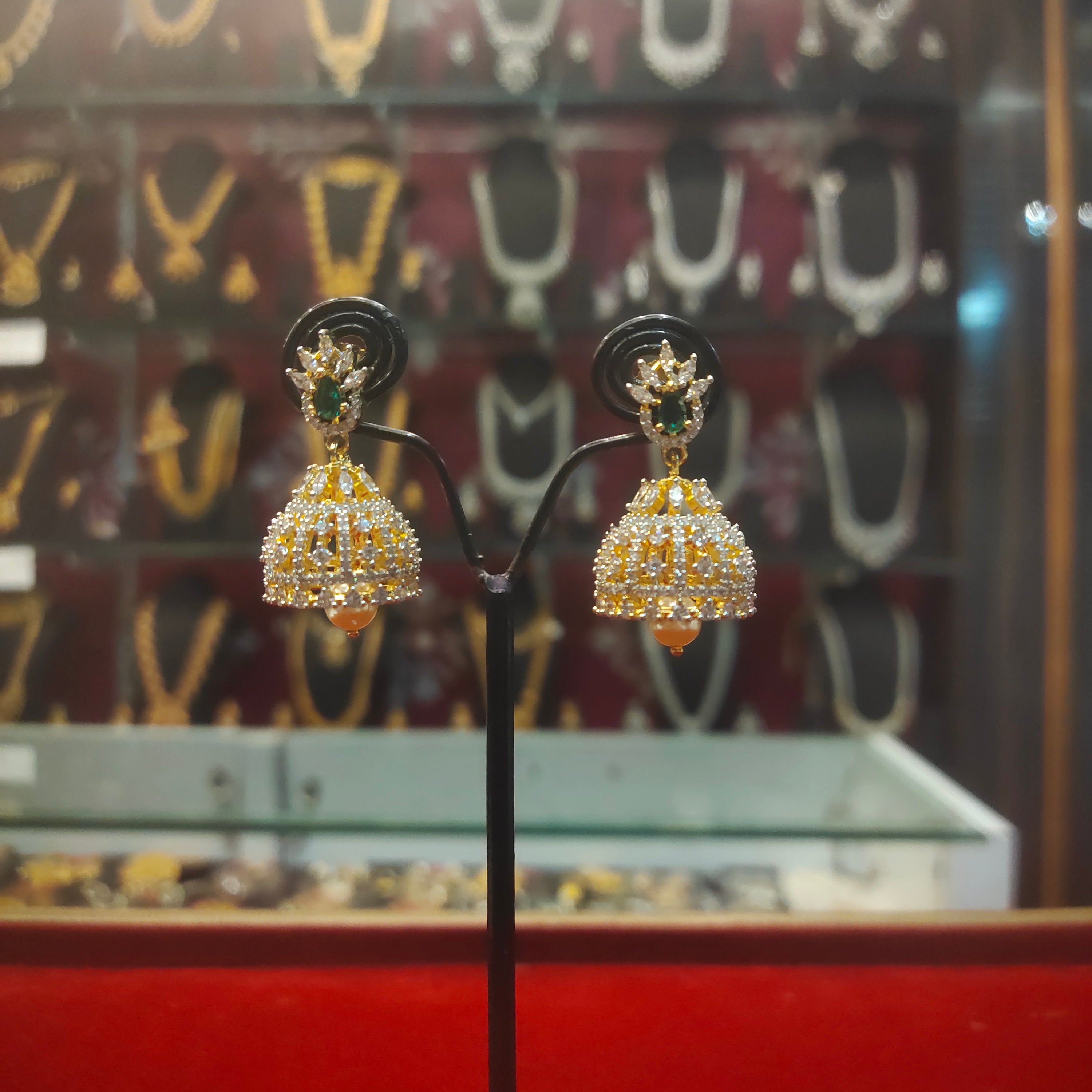 Rhodium-Gold Plated Zircon Diamond Jhumka Earrings - Multicolor Stones