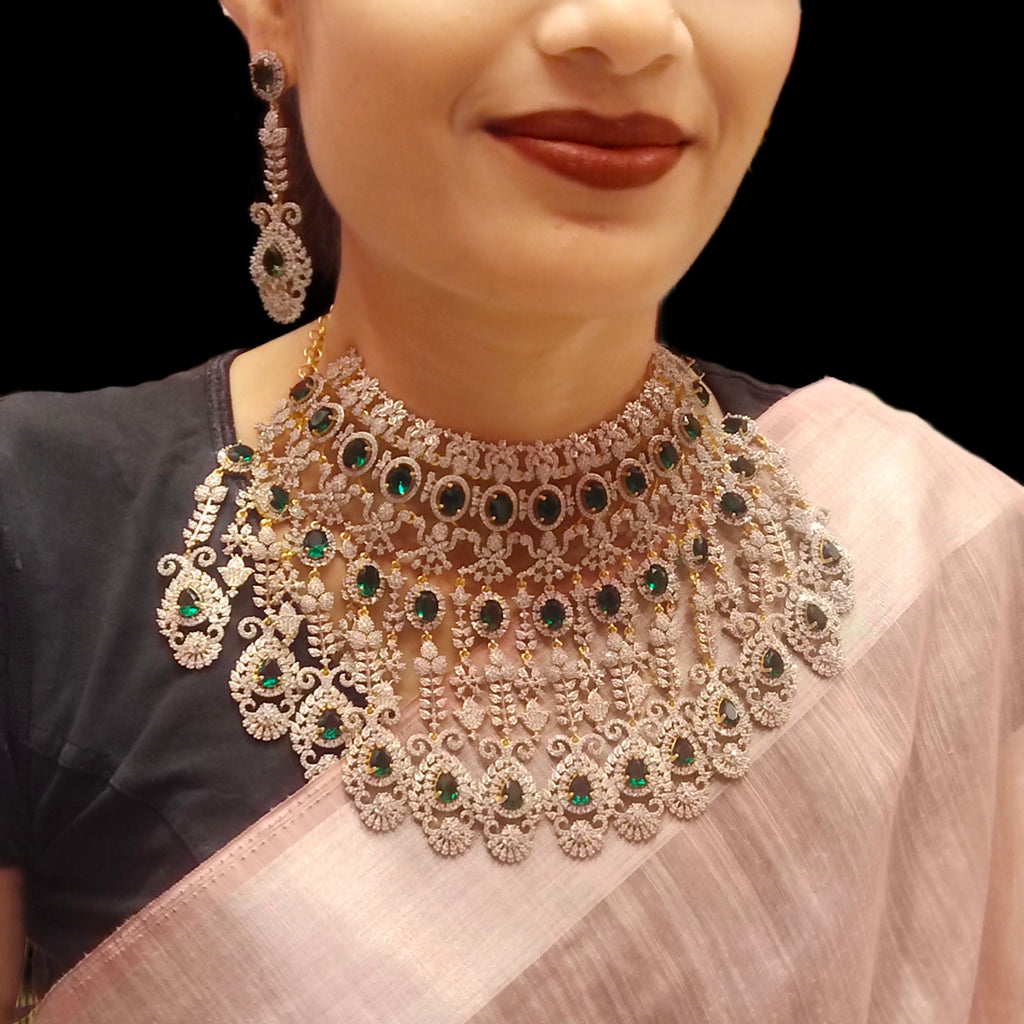 Emerald Zircon Bridal Choker Set with Maang Tikka - 24K Gold Rhodium