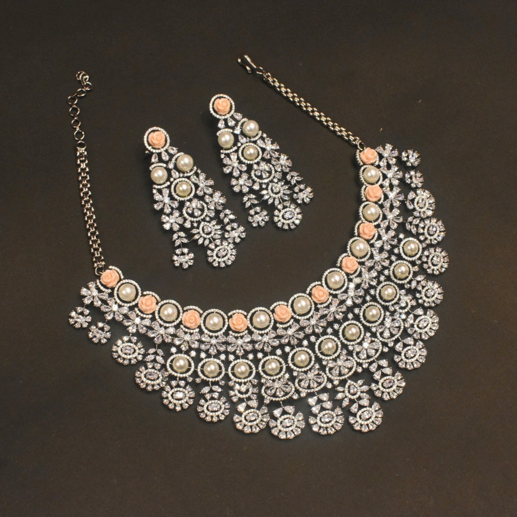 Pink Flower Beads Pearl Diamond Victorian Choker Set - Hyderabadi Bridal Jewelry
