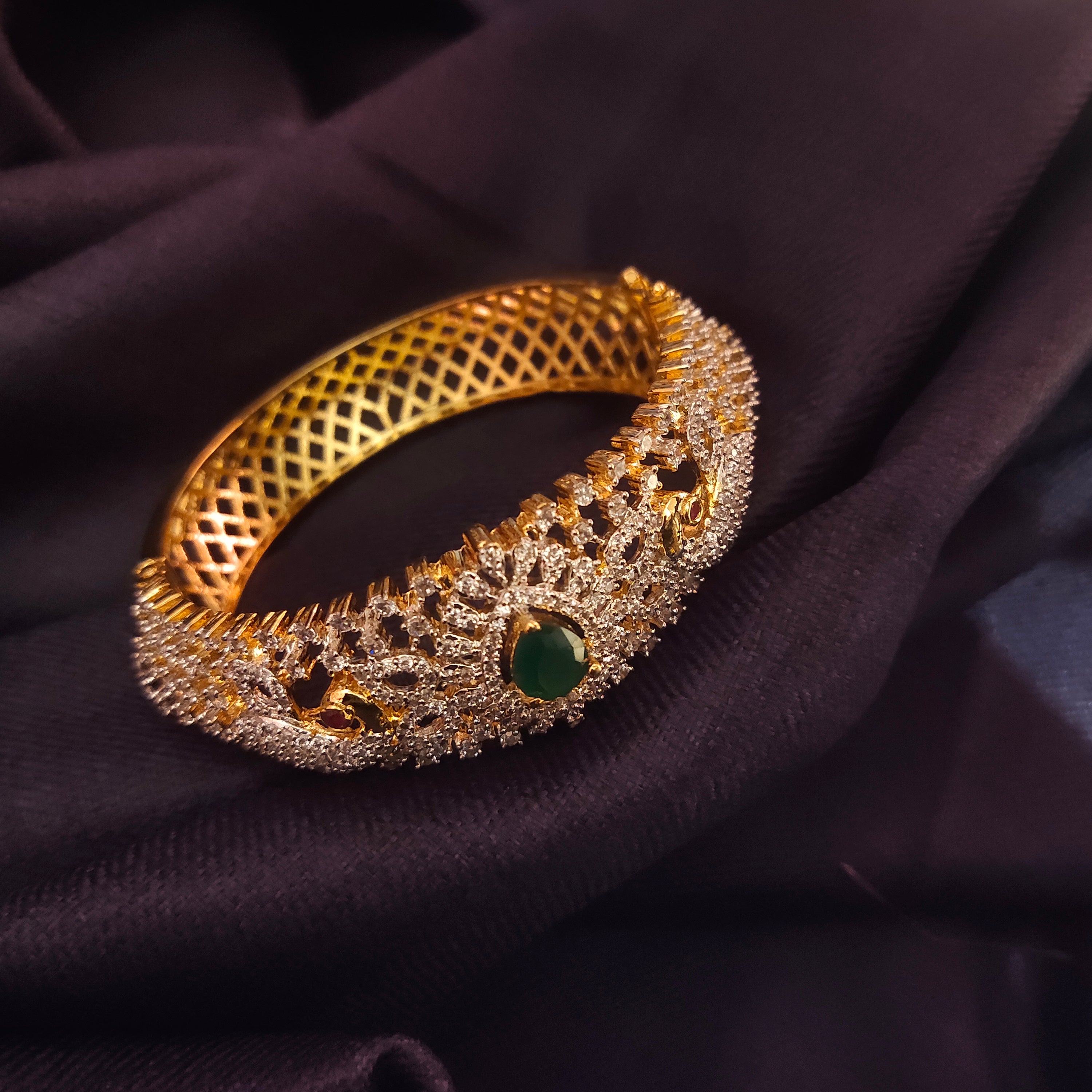 Zircon Emerald Bangles - Rhodium Gold Plated Openable Bangles Set