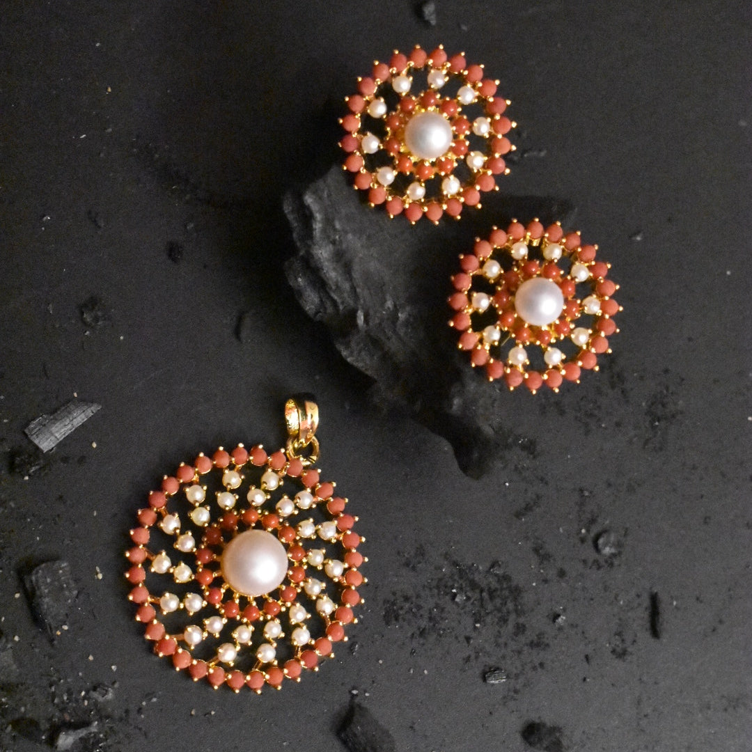 "Dazzle in Elegance: The Ultimate Asp Fashion Jewelry Coral & Pearl Pendant Set"