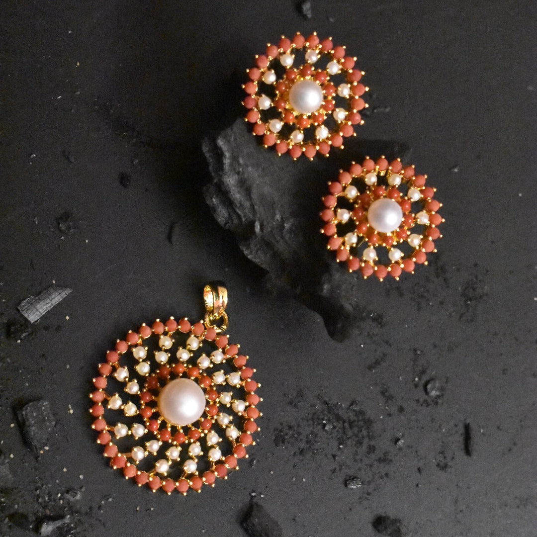 Coral & Pearl Pendant Set - Unique Design