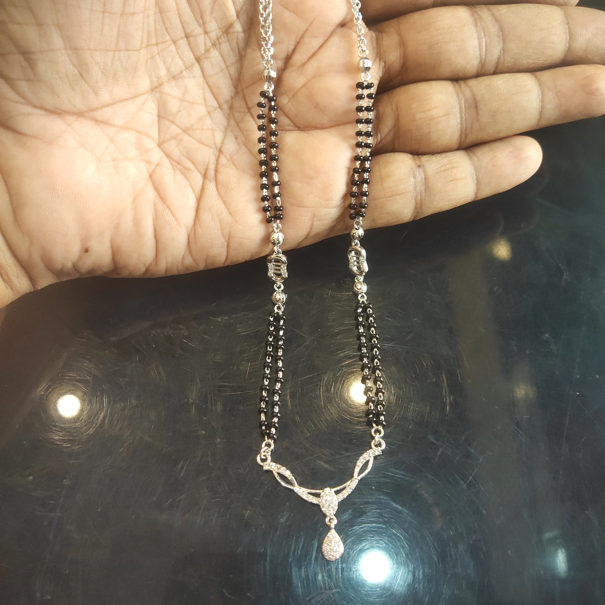 925 Silver Black Beads Mangalsutra Necklace with Teardrop Dangle