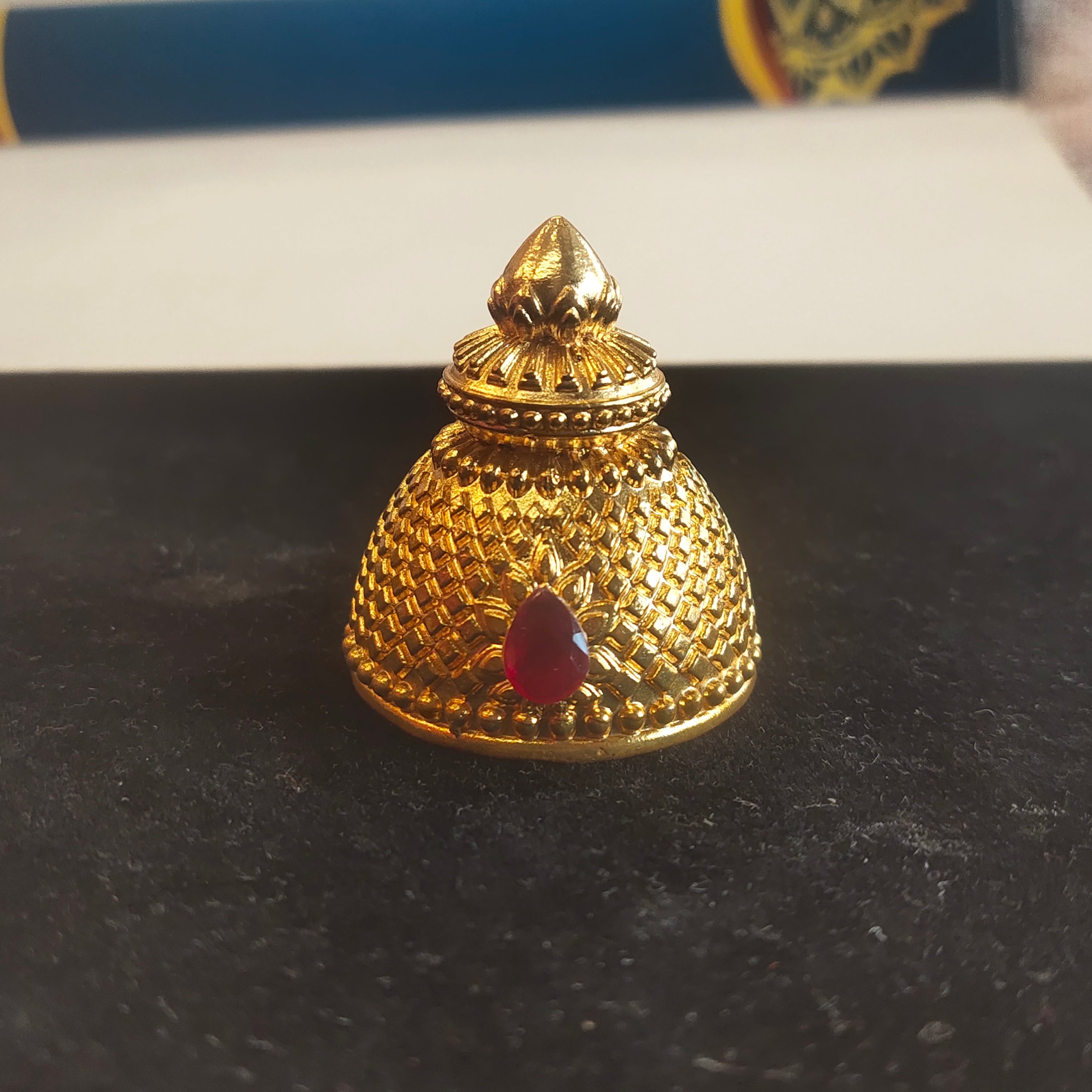 Panchaloha Gold Mukut for Deity Idol - Bell Dome Design with Ruby Stone