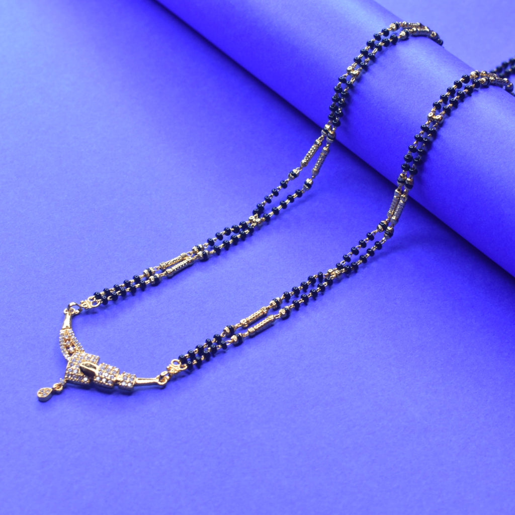 26-Inch American Diamond Mangalsutra with Black Beads | 24K Gold Plated Long Chain