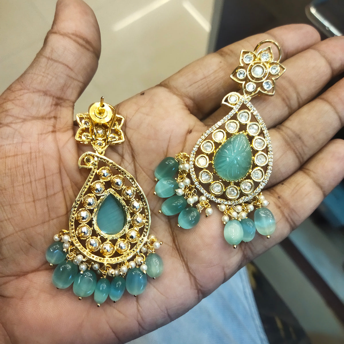 Pastel Green Kundan Mango Necklace - Traditional Indian Jewelry Set