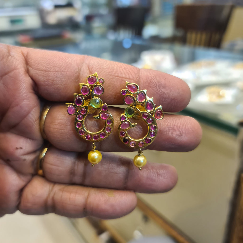 Kundan Dancing Peacock Chandbali Earrings | Screw Back | Gold Plated