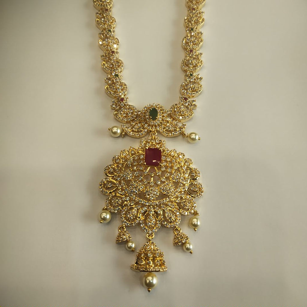 CZ Gold Plated Long Necklace Set - Sophisticated Bridal Jewelry Collection