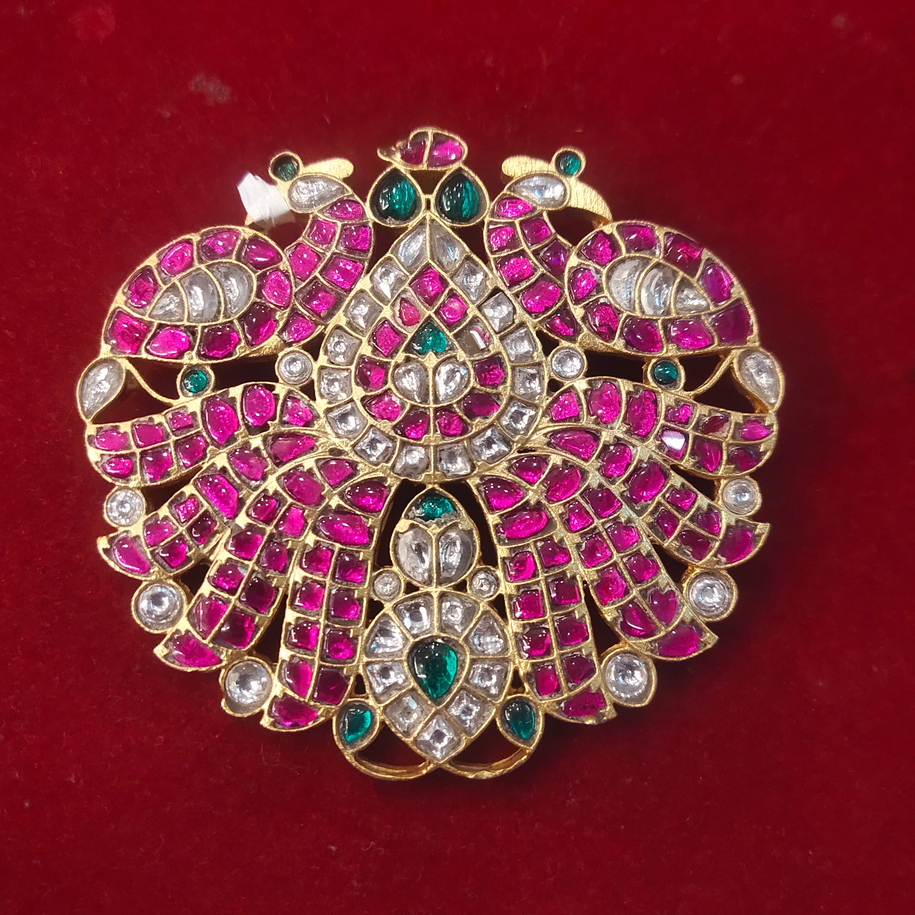 Kundan Double Peacock Pendant – Ruby, Polki & Emerald Temple Jewellery