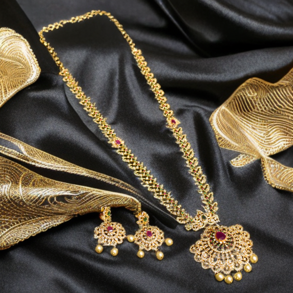 Asp Cz Gold Plated Long Necklace Set