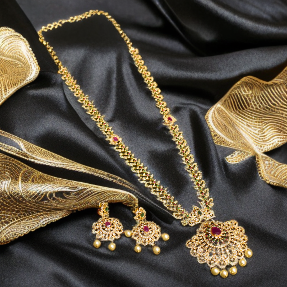 CZ Gold Plated Long Necklace Set - Timeless Elegant Bridal Jewelry