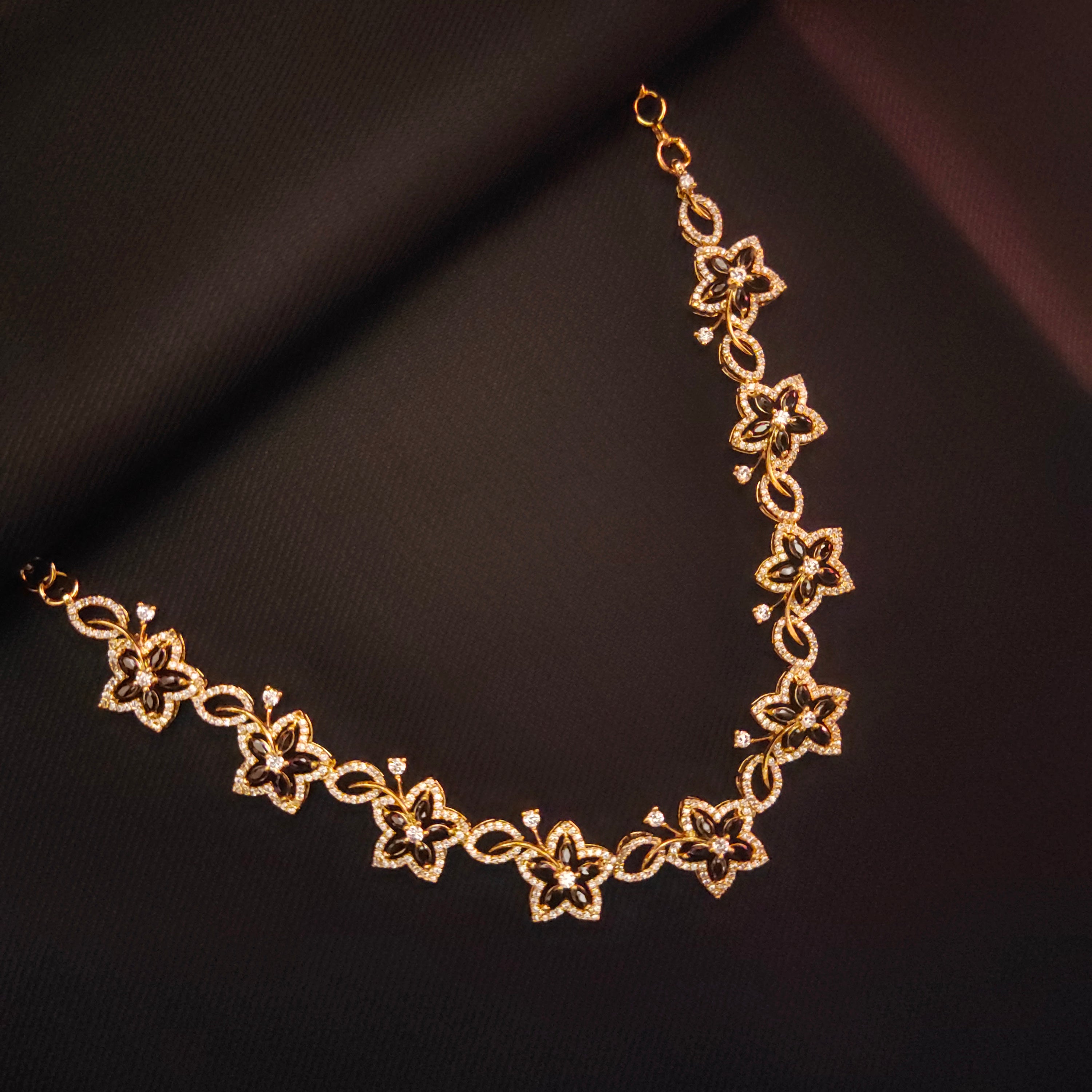 Black Zircon Floret Necklace Set - Rose Gold Floral Jewellery