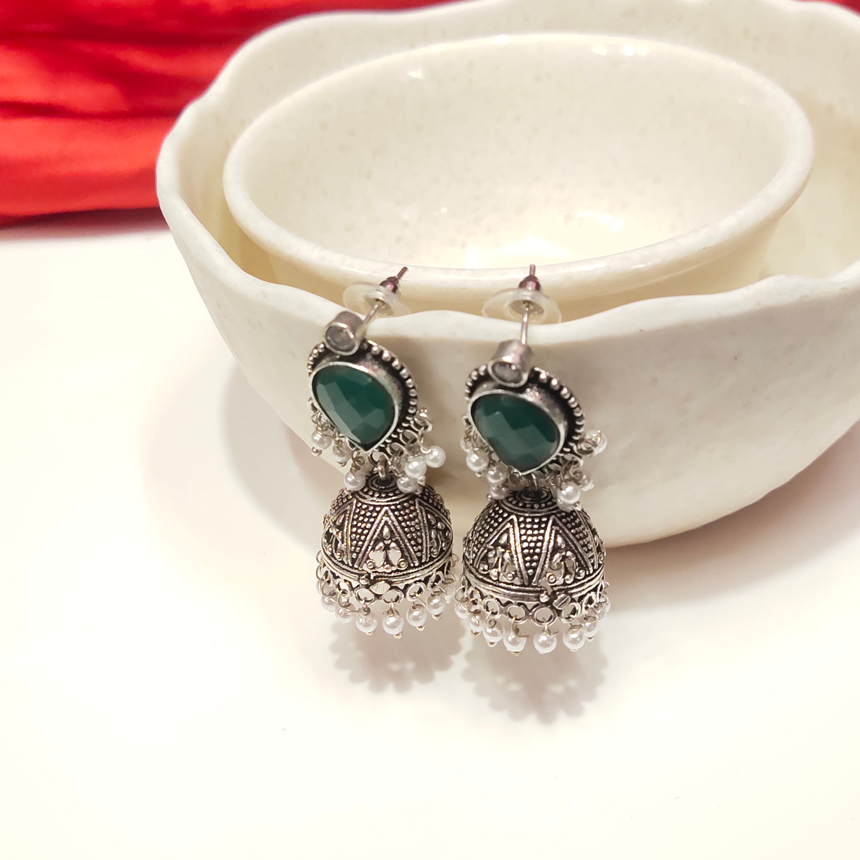 Traditional Oxidized Silver Jhumka Earrings - Pink Stone Embellished