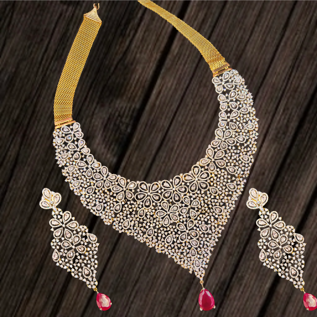 White Diamond CZ Choker Set - Two Tone Gold Silver Bridal Jewelry