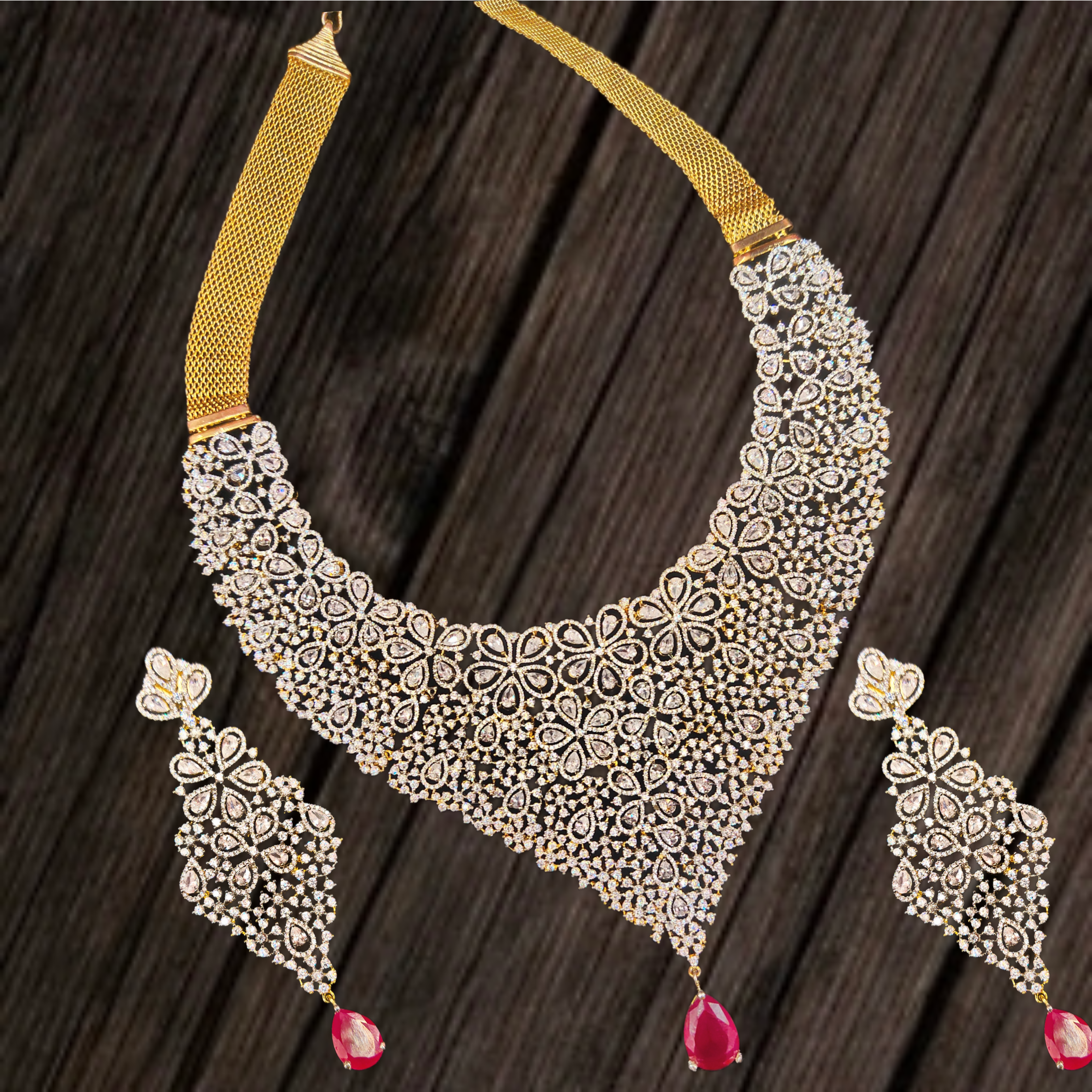 White Diamond CZ Choker Set - Two Tone Gold Silver Bridal Jewelry