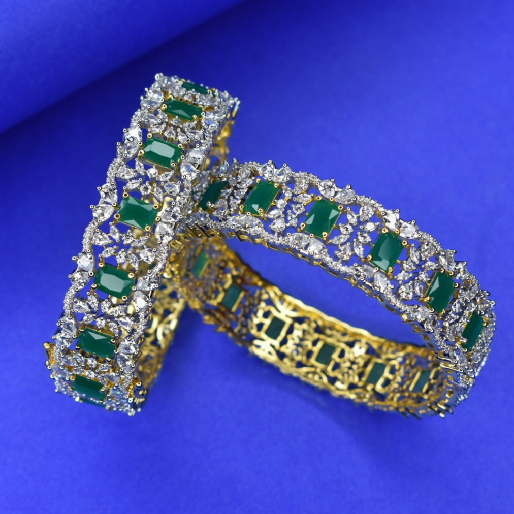 American Diamond Emerald Bangles - 24K Gold Plated Openable Bangles Set