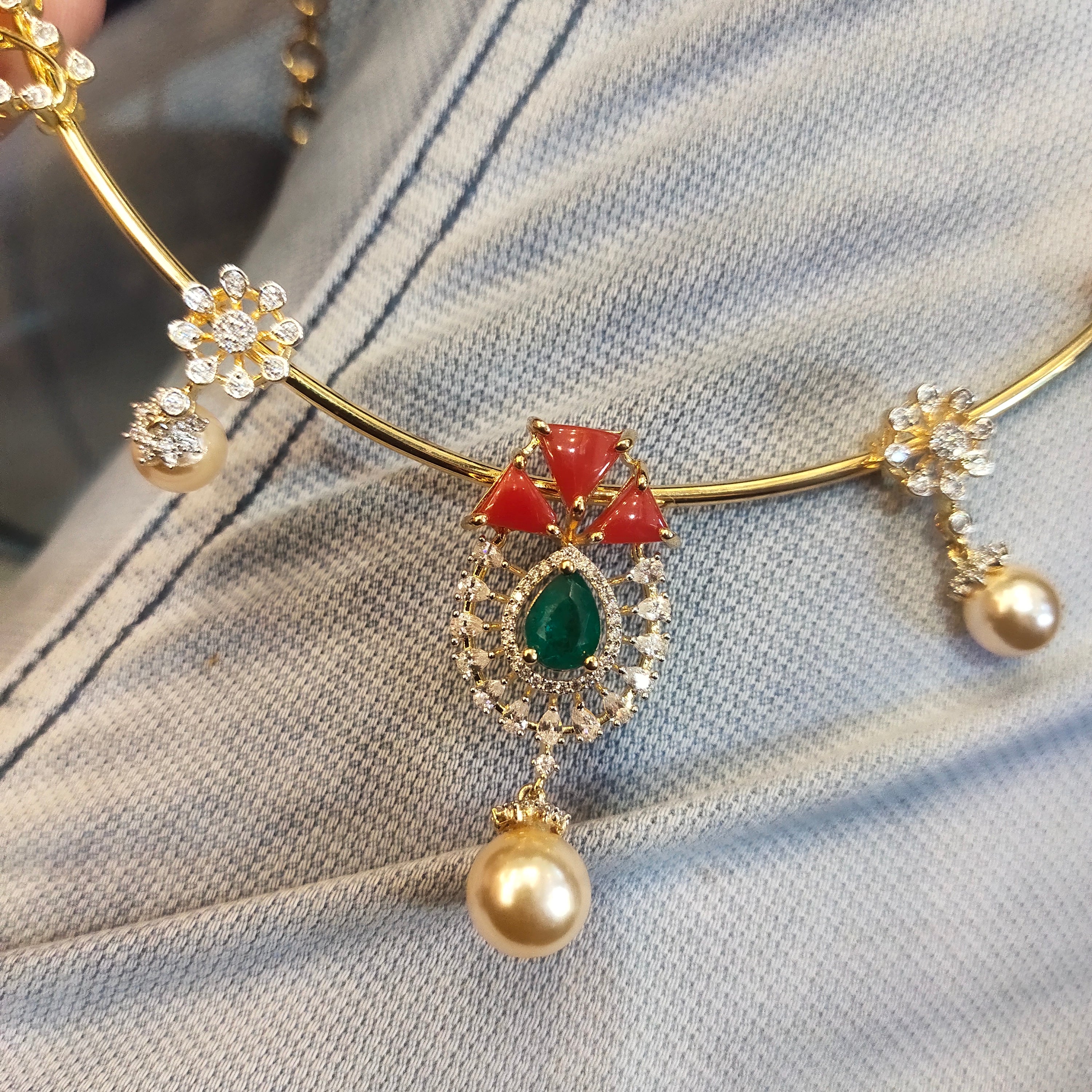 Rhodium Gold Plated Zircon Kanti Necklace Set with Coral Pearls & Emerald Beads