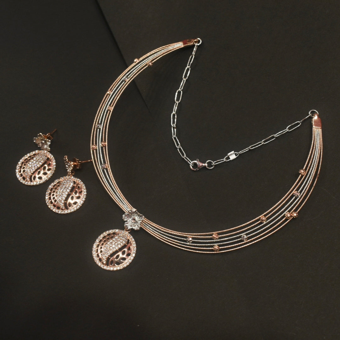 925 Silver Rose Gold Blossom Kantey Necklace Set with Matching Screw Earrings