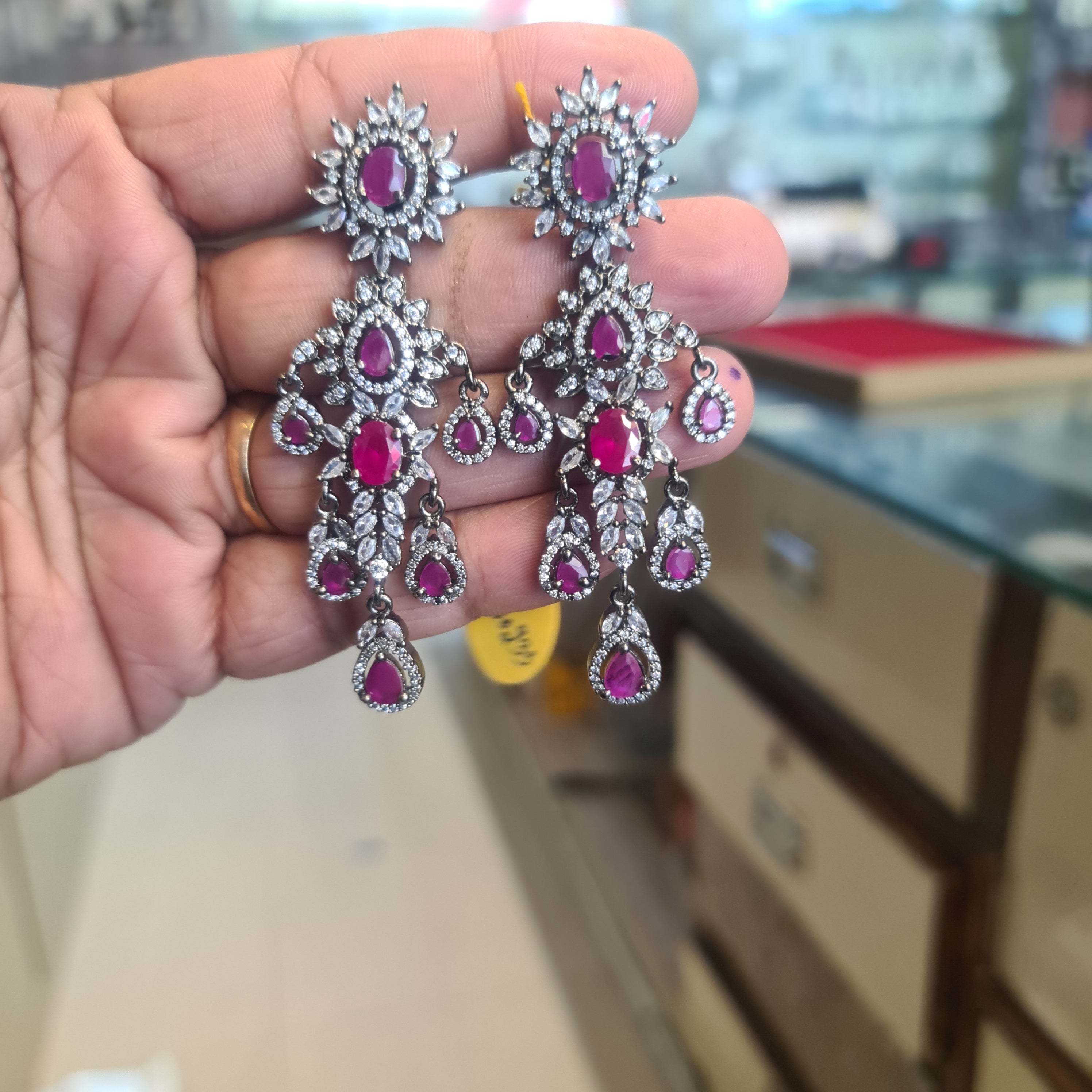 Victorian Ruby CZ Chandelier Earrings | Black Rhodium Finish