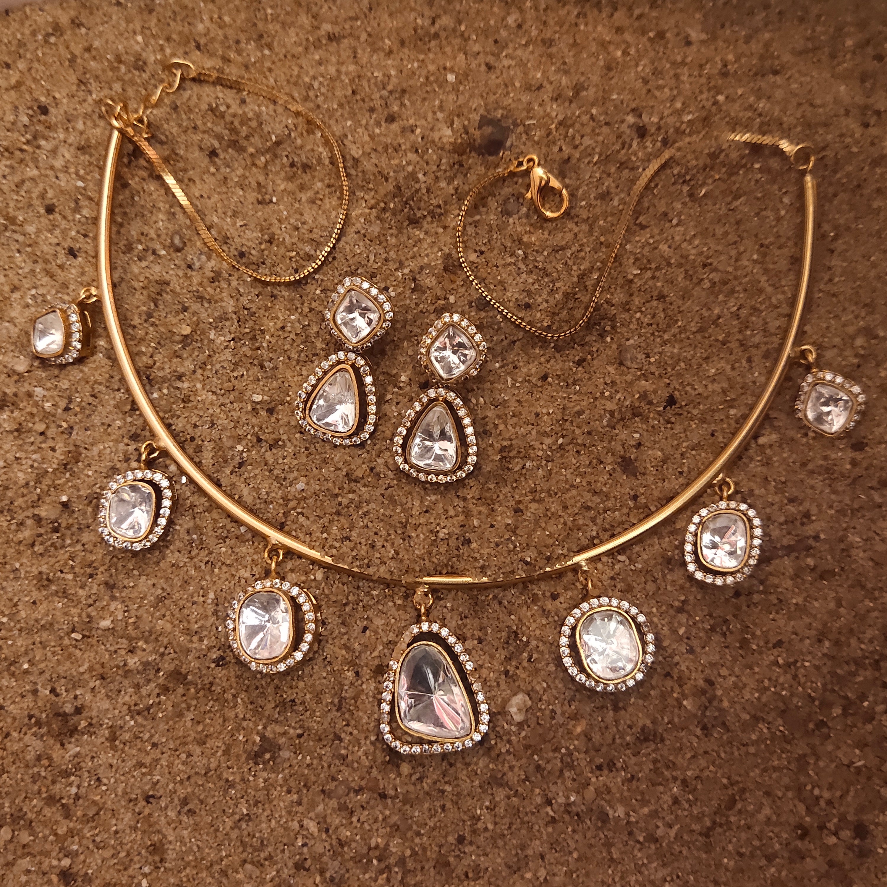 Moissanite Kundan Kanti Necklace Set | 24K Gold Plated Bridal Jewellery