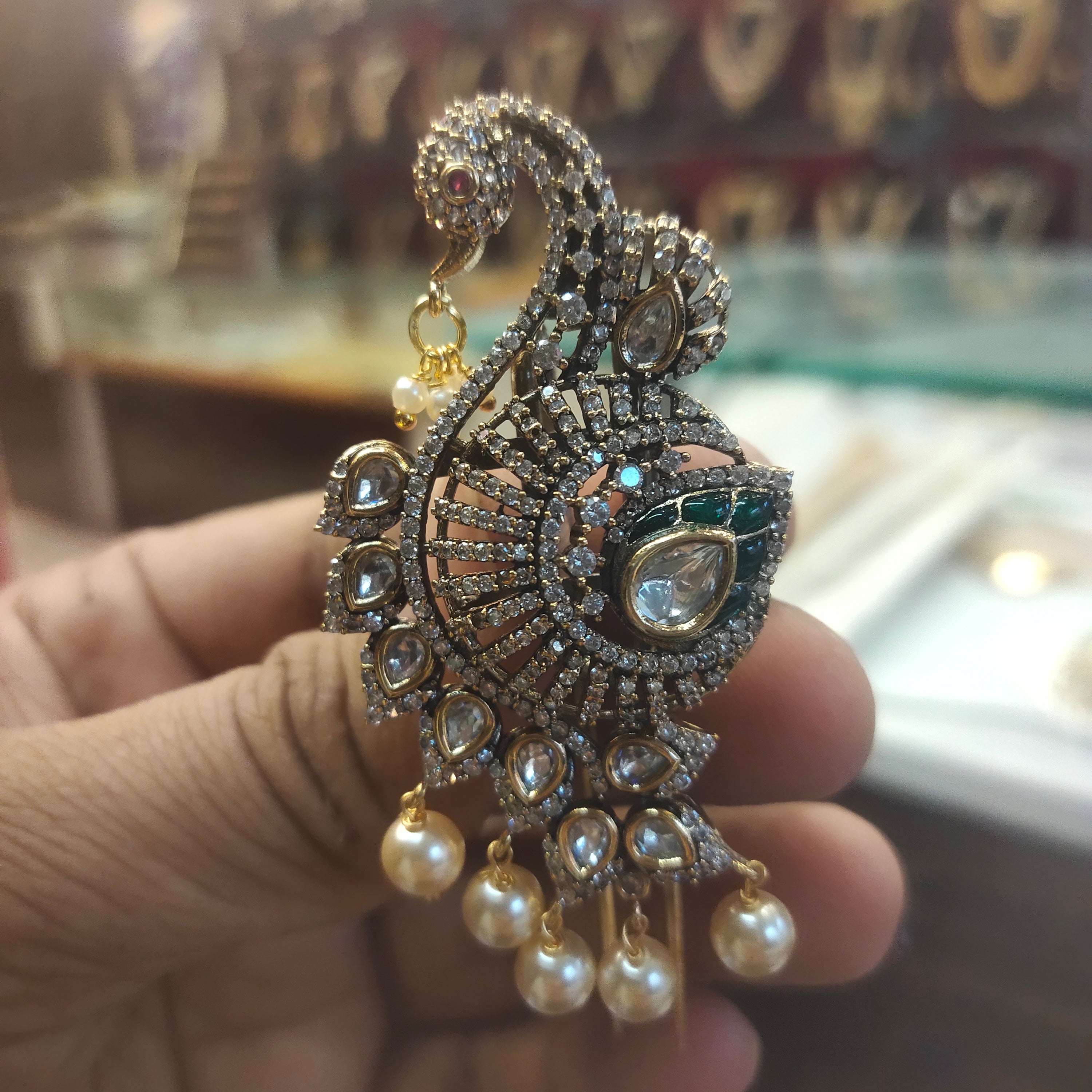 Peacock Kundan Kalgi | Victorian Polki Turban Brooch with Pearl Drops