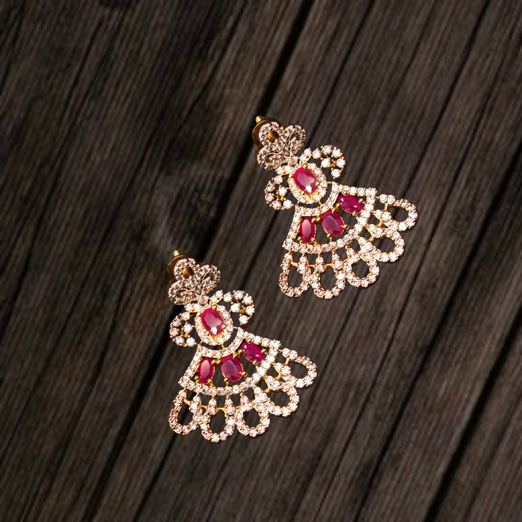 CZ Diamond & Ruby Fan Motif Long Haram Necklace Set | 24K Gold Plated Bridal Jewelry with Earrings