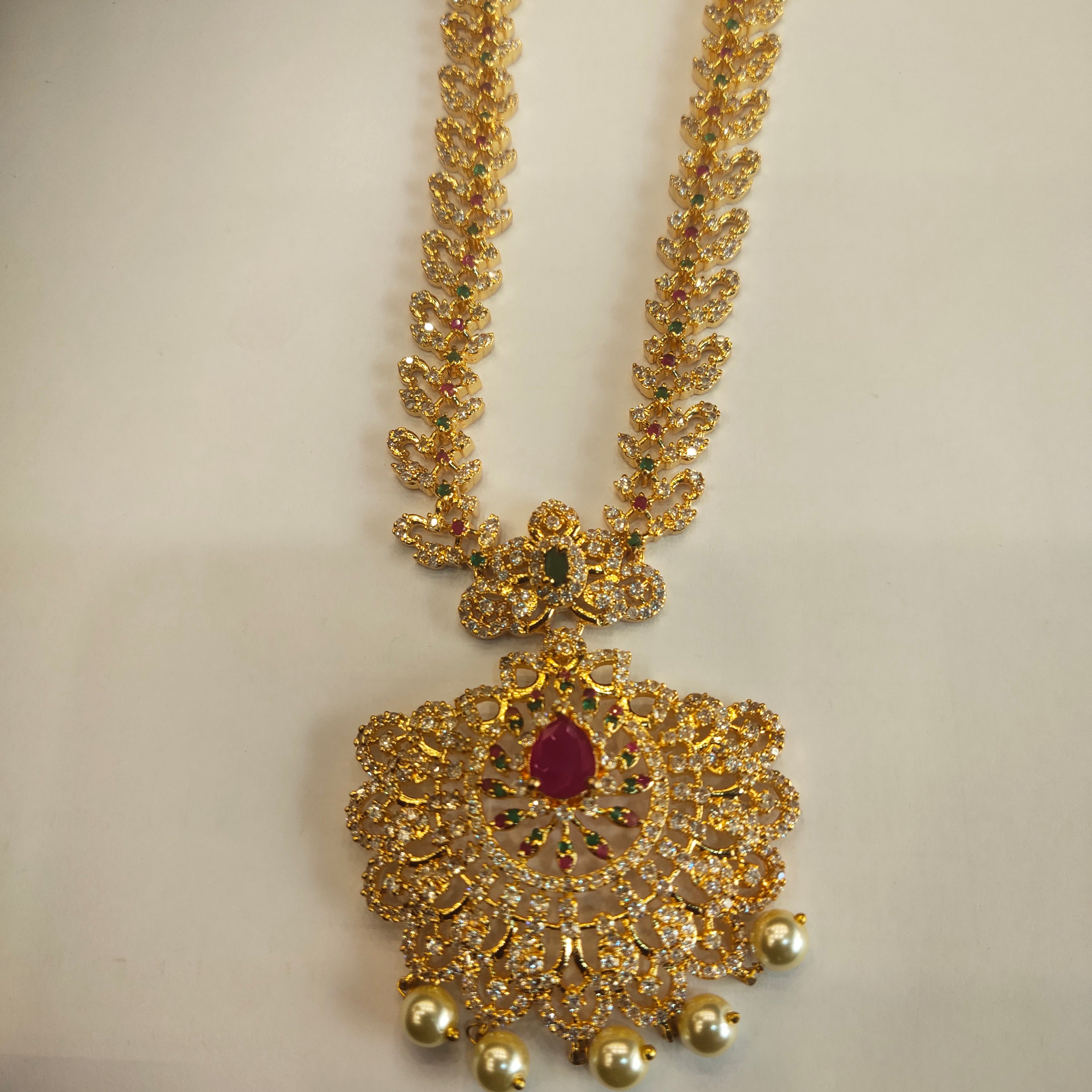 CZ Gold Plated Long Necklace Set - Timeless Elegant Bridal Jewelry