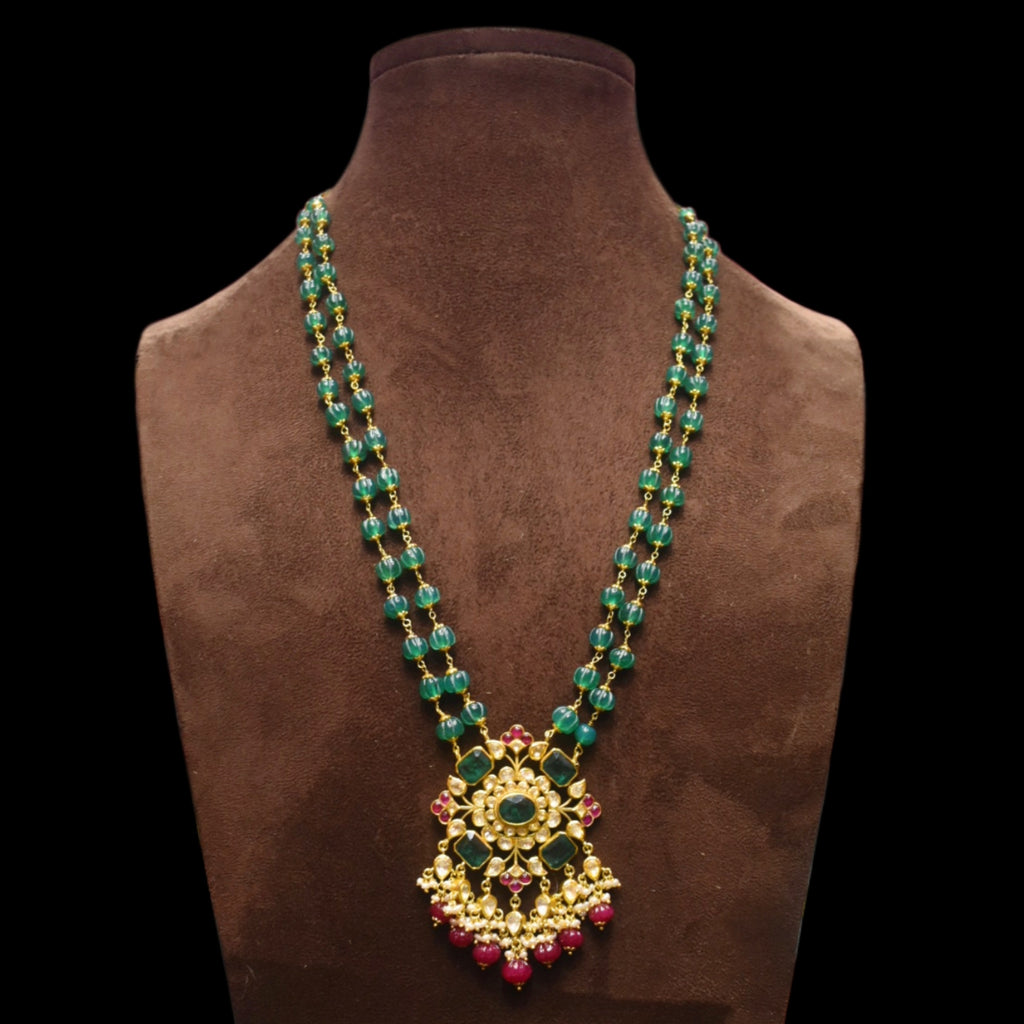 Asp Silver Jadau Kundan Pendant With Emeralds Beaded Necklace