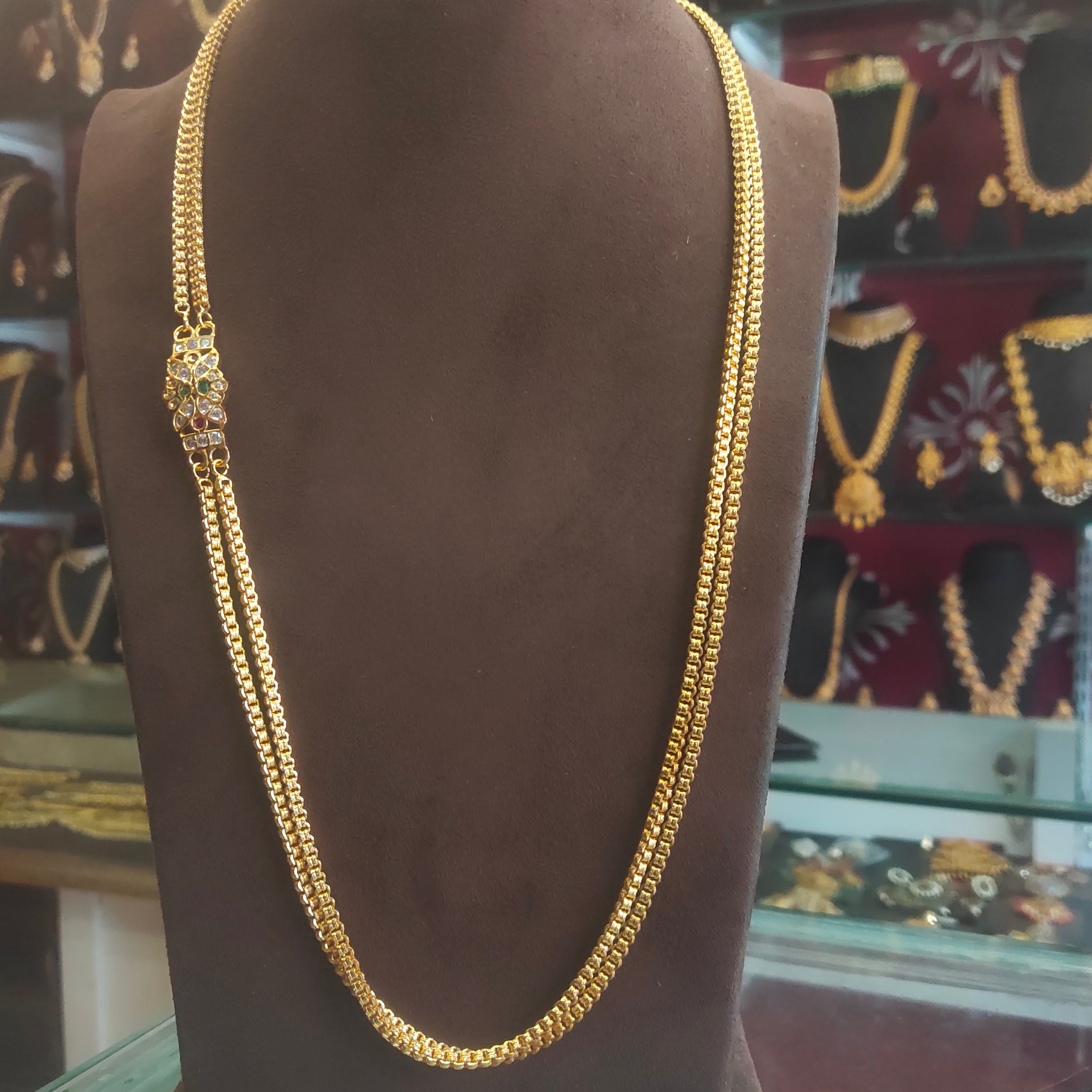 Gold Plated Double Strand Temple Necklace with Floral Motifs