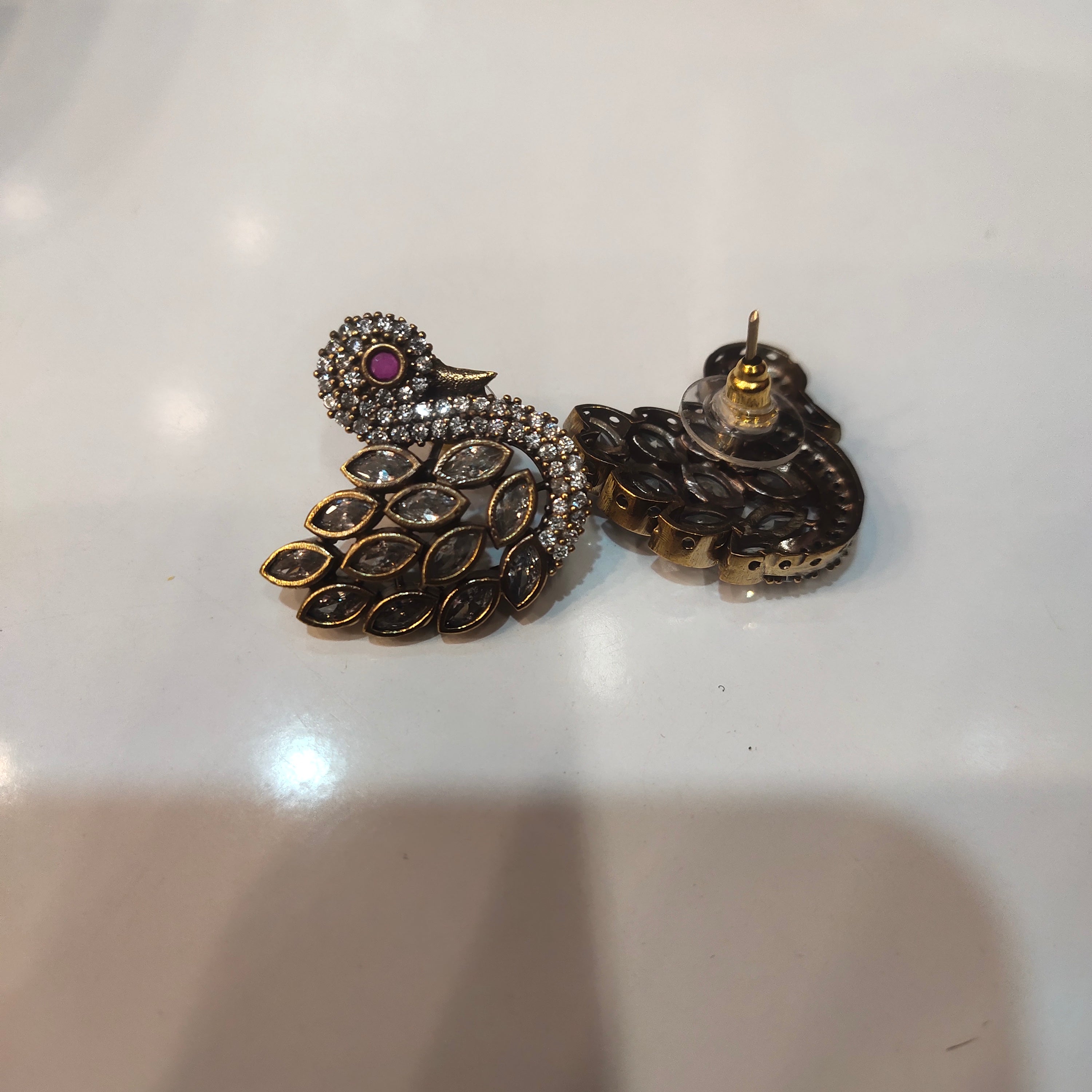 Victorian Zircon Peacock Stud Earrings - Traditional Elegant Design