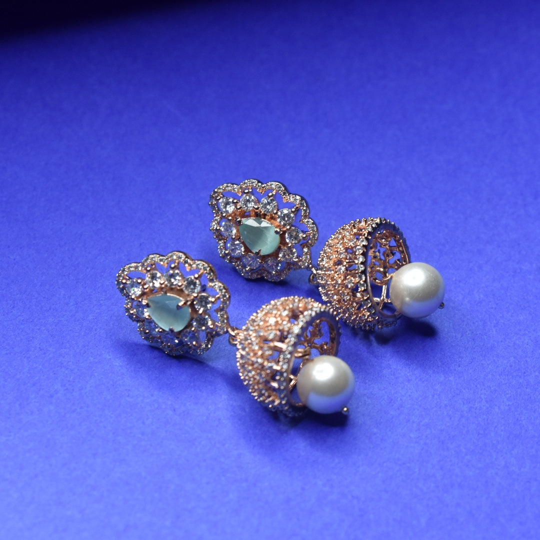 Rose Gold Plated Cubic Zircon Necklace - CZ Jhumka Jewelry Set