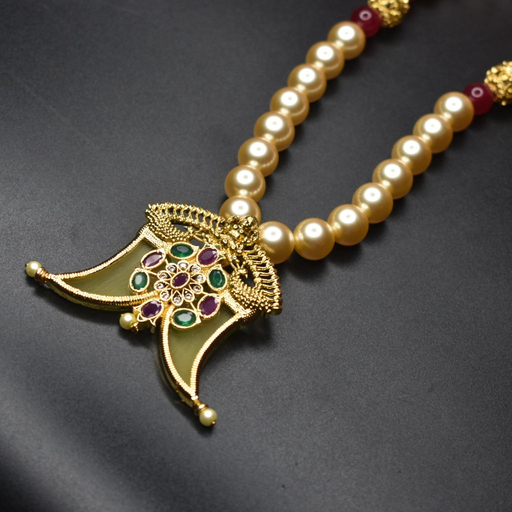 Navratna Puligoru Locket with Pearl Necklace - Luxury Groom Jewelry