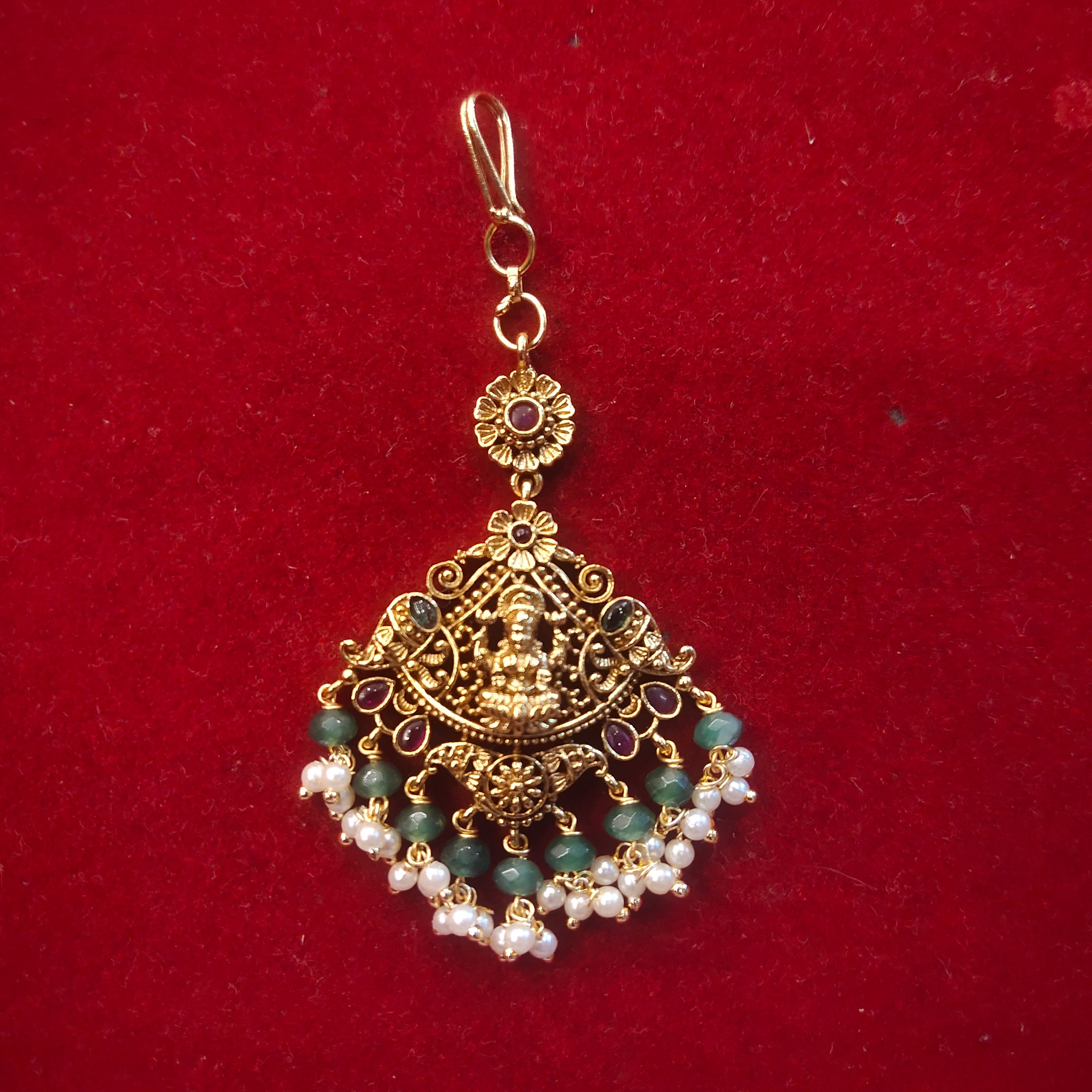 Lakshmi Temple Maang Tikka with Emerald Green Beads & Pearl Drops