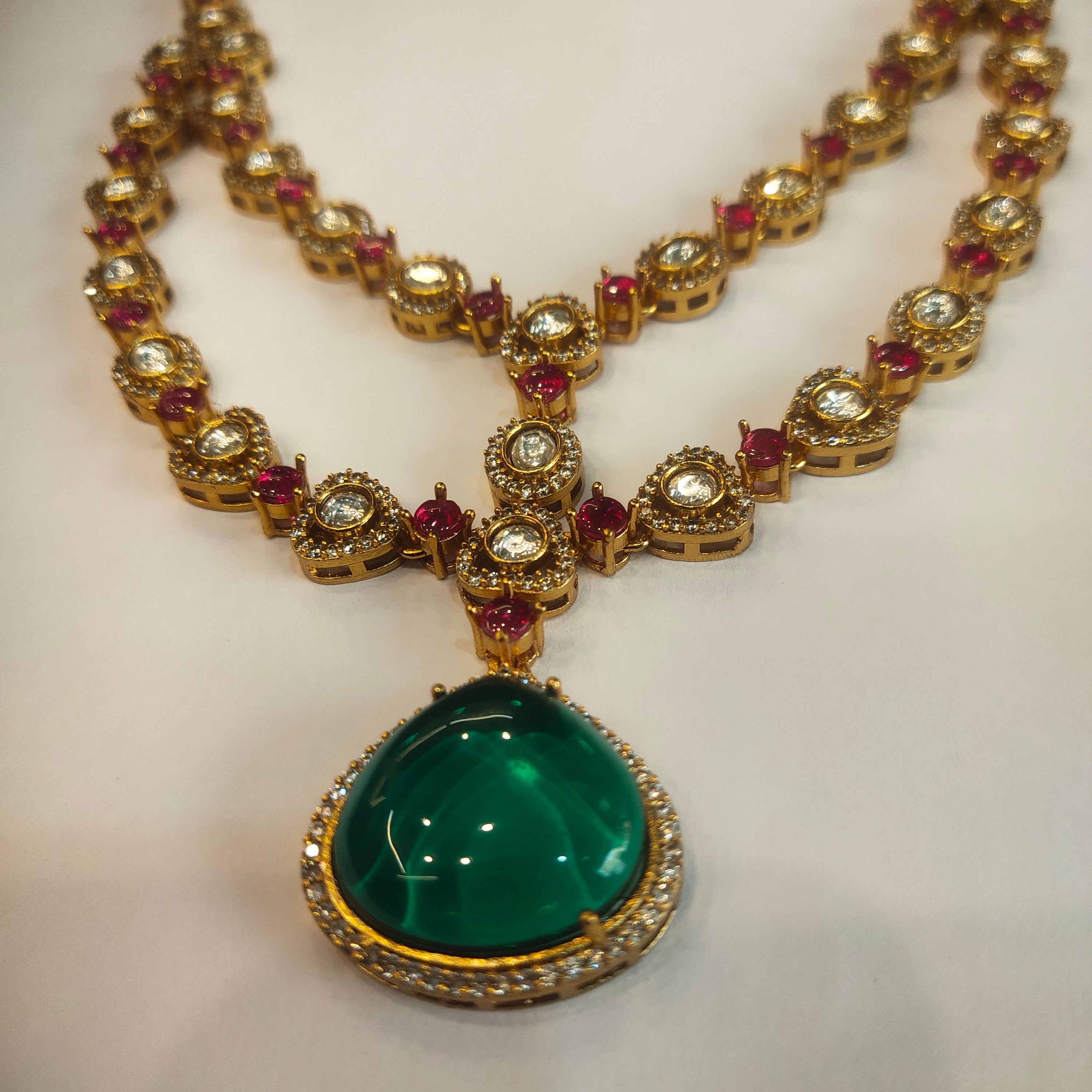 Asp Gold Plated Polki CZ Double Layer Necklace Set