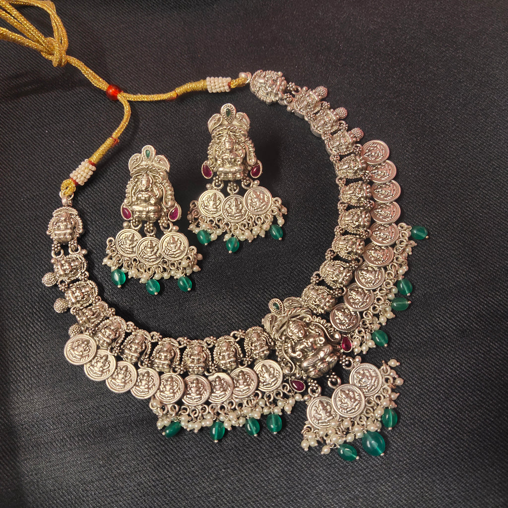 Oxidised Silver Kasulaperu Necklace and Earrings Set - Antique Finish Jewelry