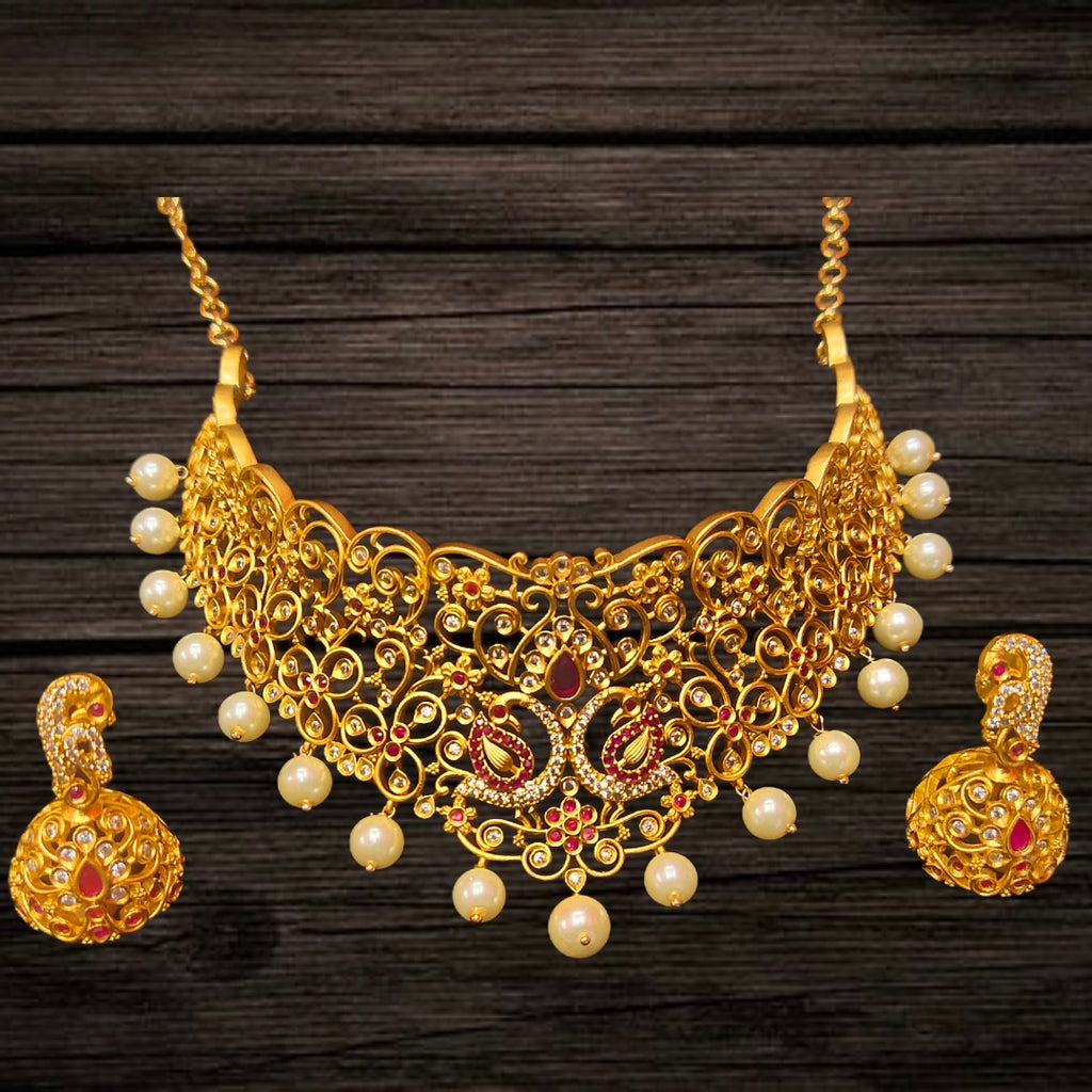 CZ Matte Choker Set with Jhumka Earrings - 24K Gold Plated Bridal Jewellery