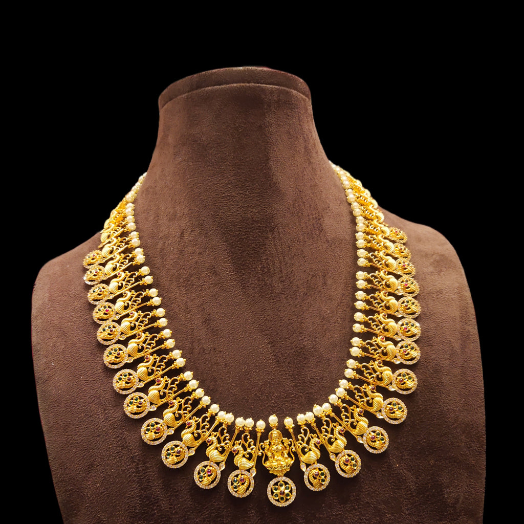 Laxmi Bottu Necklace Set - 24K Gold CZ Temple Jewelry with Peacock Motifs