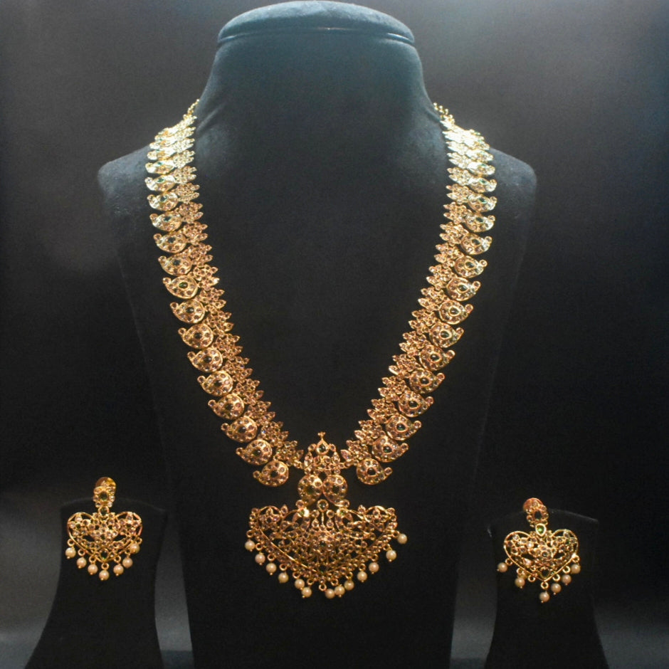 Long Zircon Mango Necklace Set - 24K Gold Plated