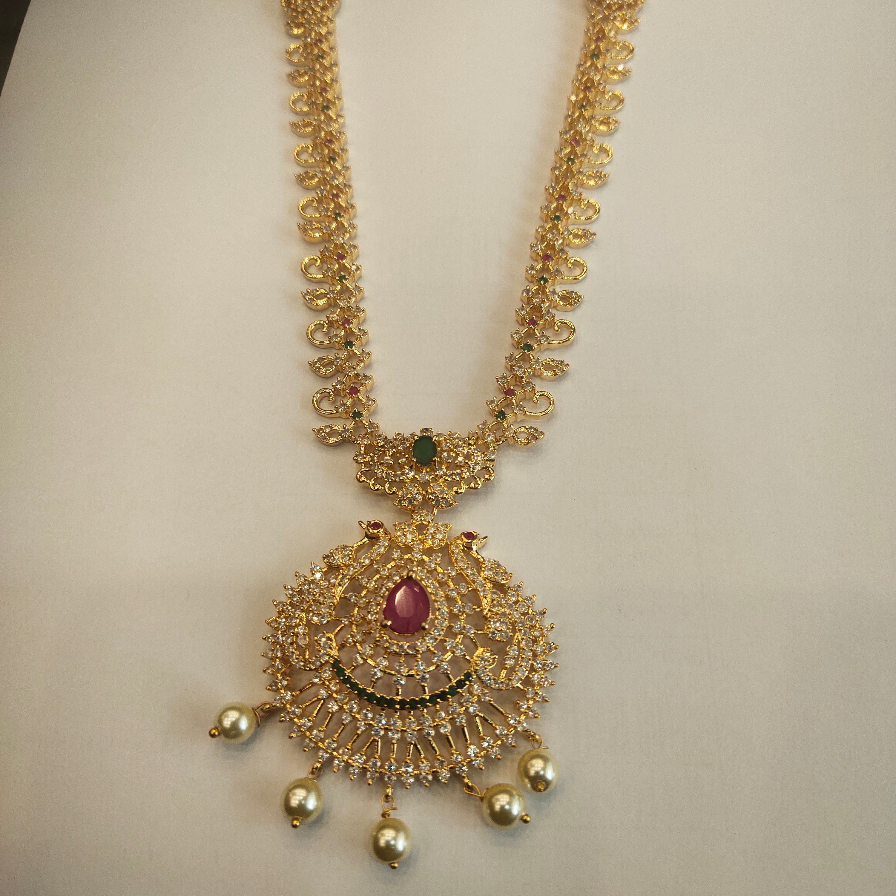 CZ Gold Plated Long Necklace Set - Exquisite Bridal Statement Jewelry