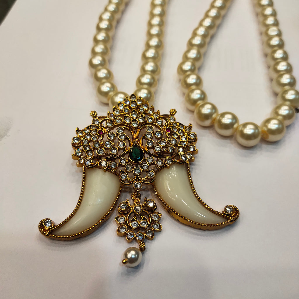 Antique CZ Puligoru Locket with Pearl Chain - Traditional Men's Jewelry