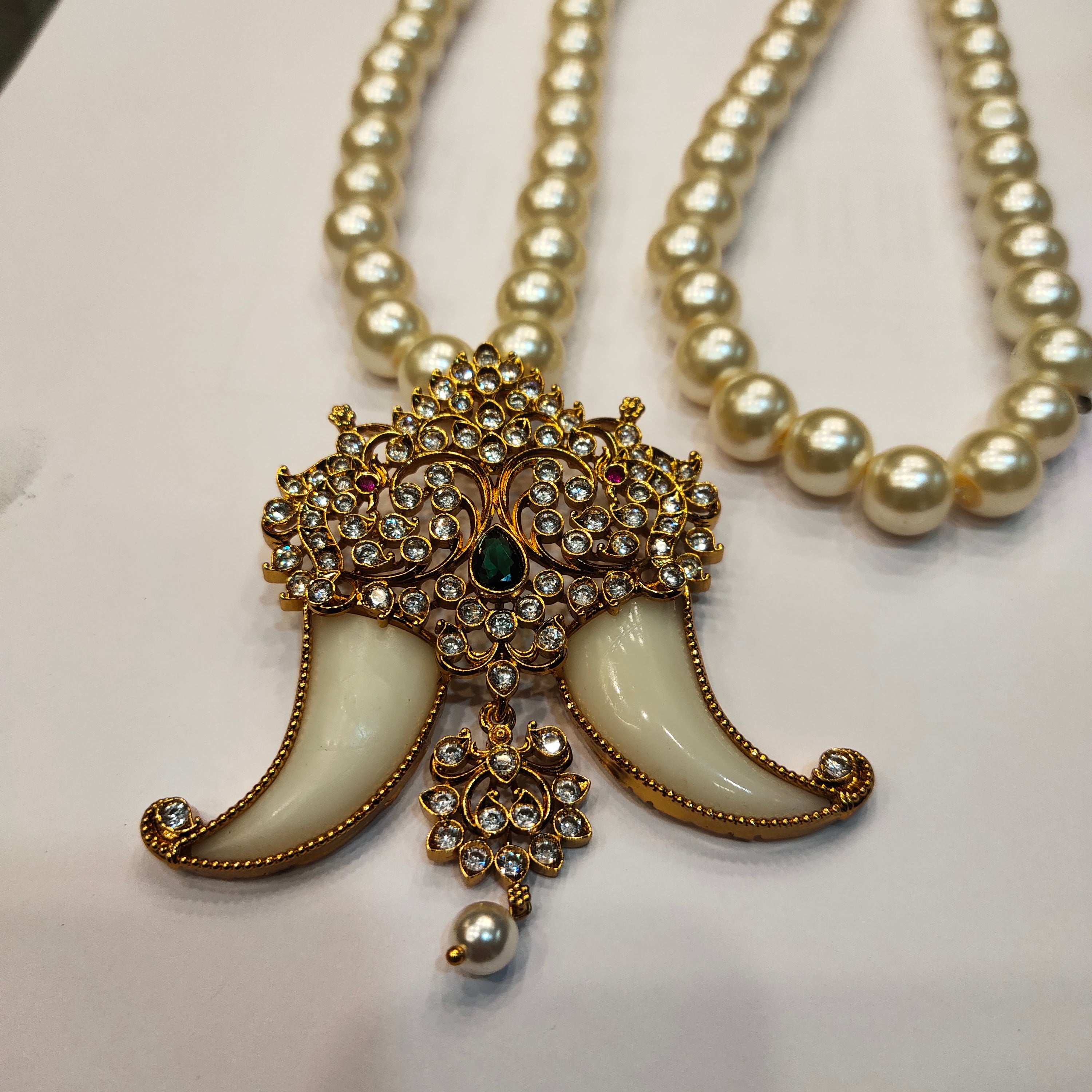 Antique CZ Puligoru Locket with Pearl Chain - Traditional Men's Jewelry