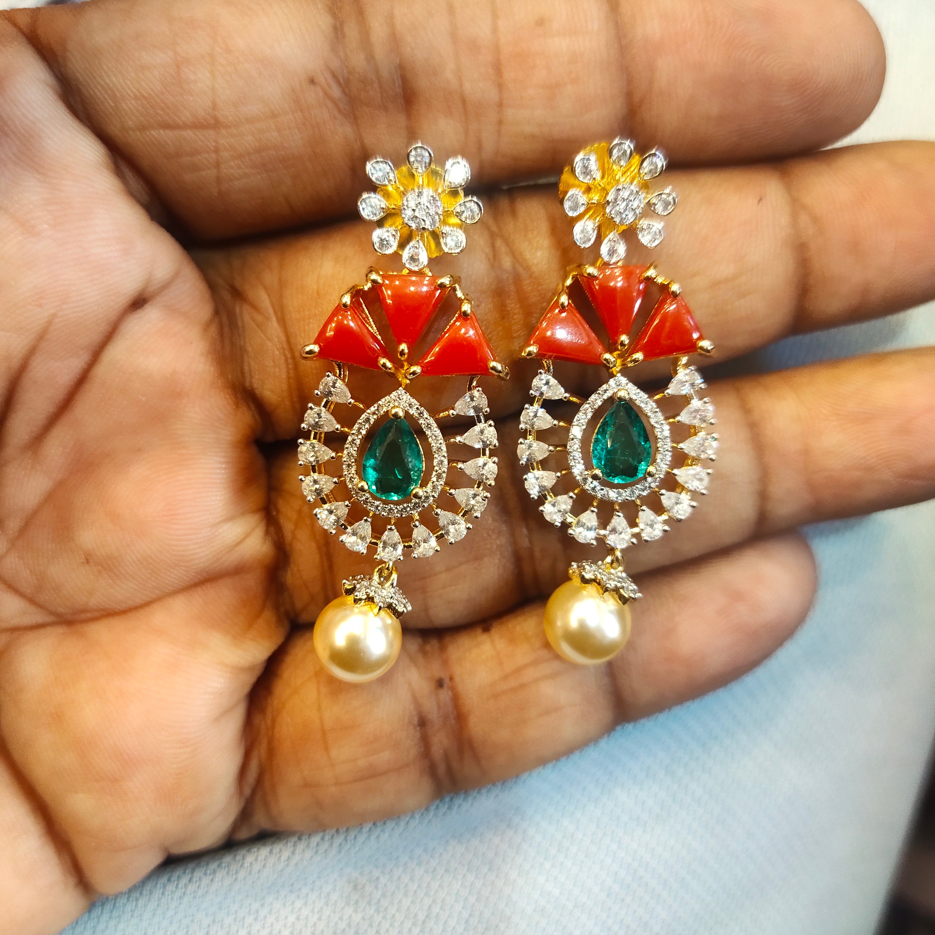 Rhodium Gold Plated Zircon Kanti Necklace Set with Coral Pearls & Emerald Beads