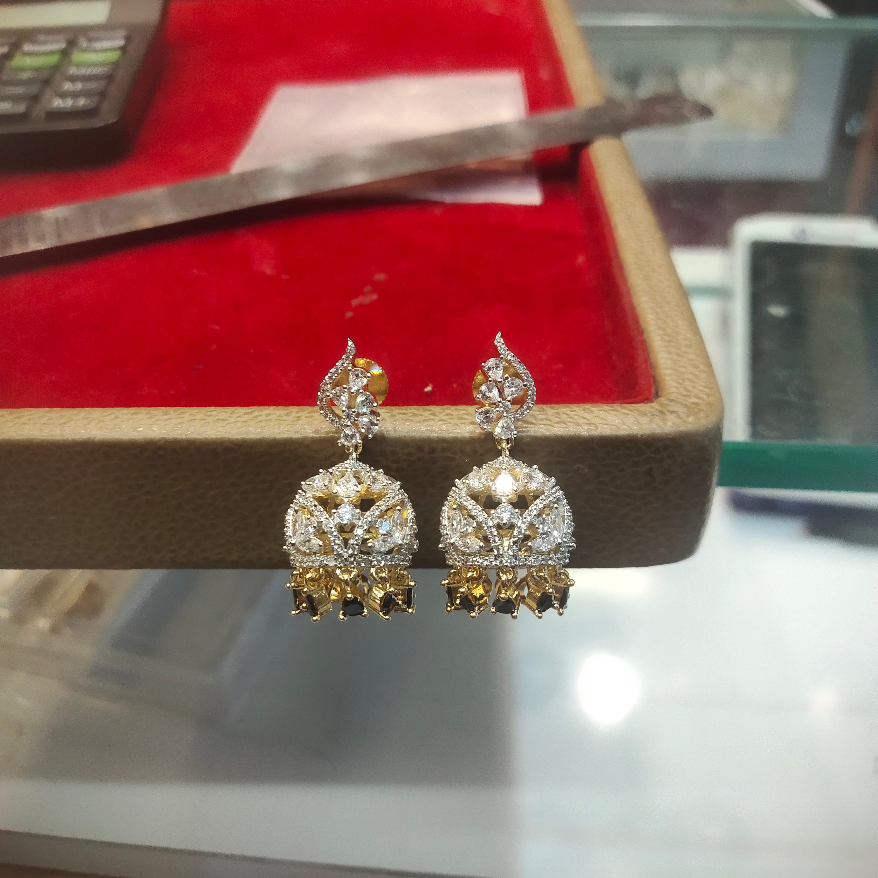 Premium American Diamond Temple Jhumka Earrings with Drops