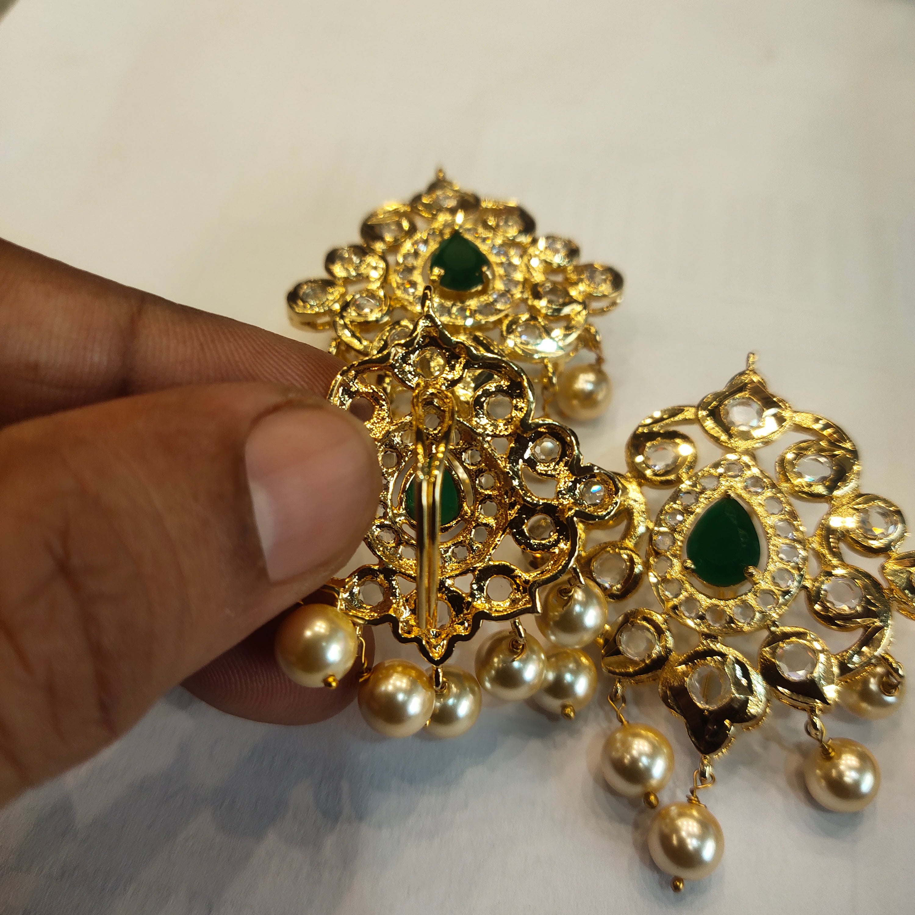 24K Gold Plated Polki Jada Billalu Set - 3 Piece South Indian Bridal Hair Jewelry