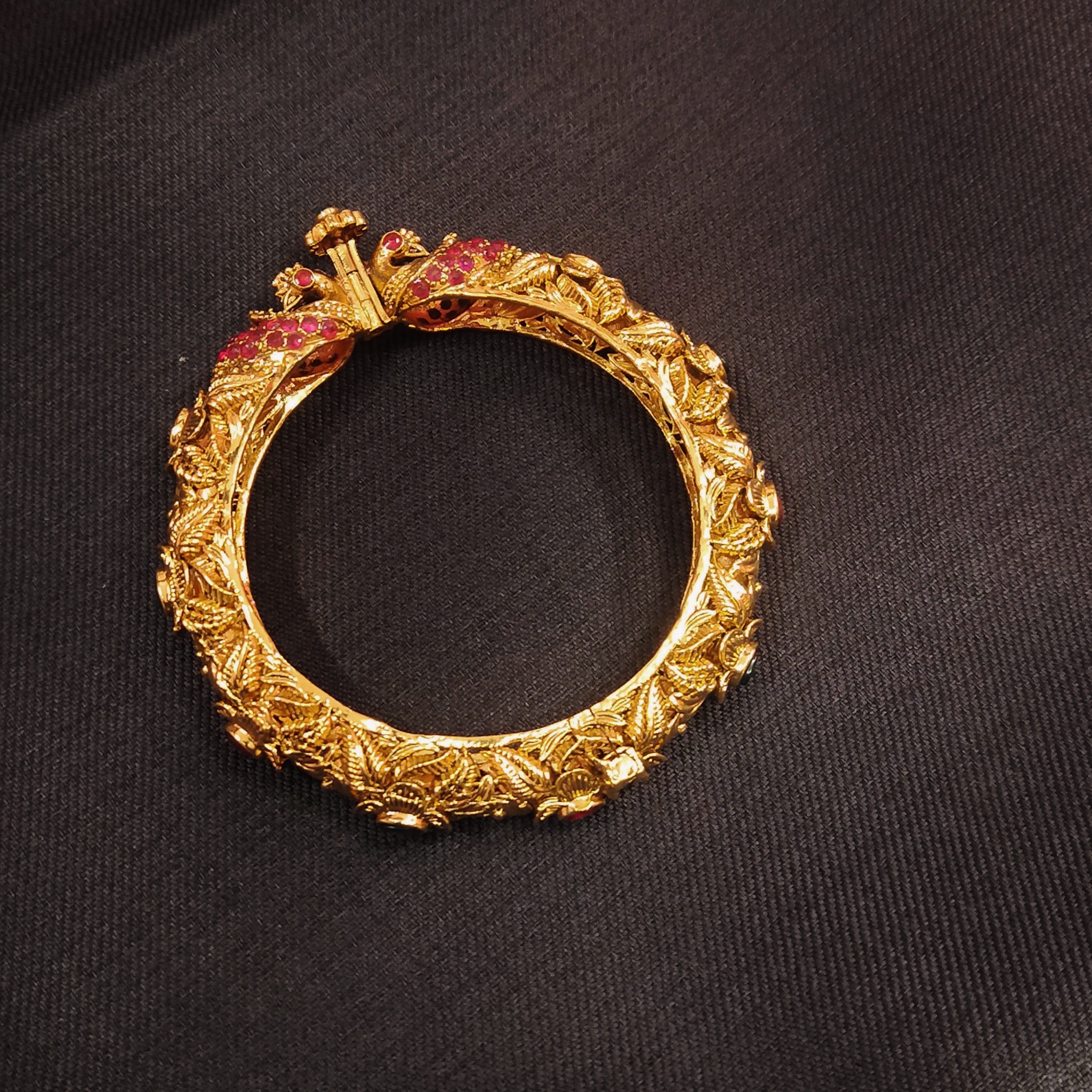 Antique Peacock Kanknalu Bangles - Nakashi Work Gold Plated Openable Bangles for Women