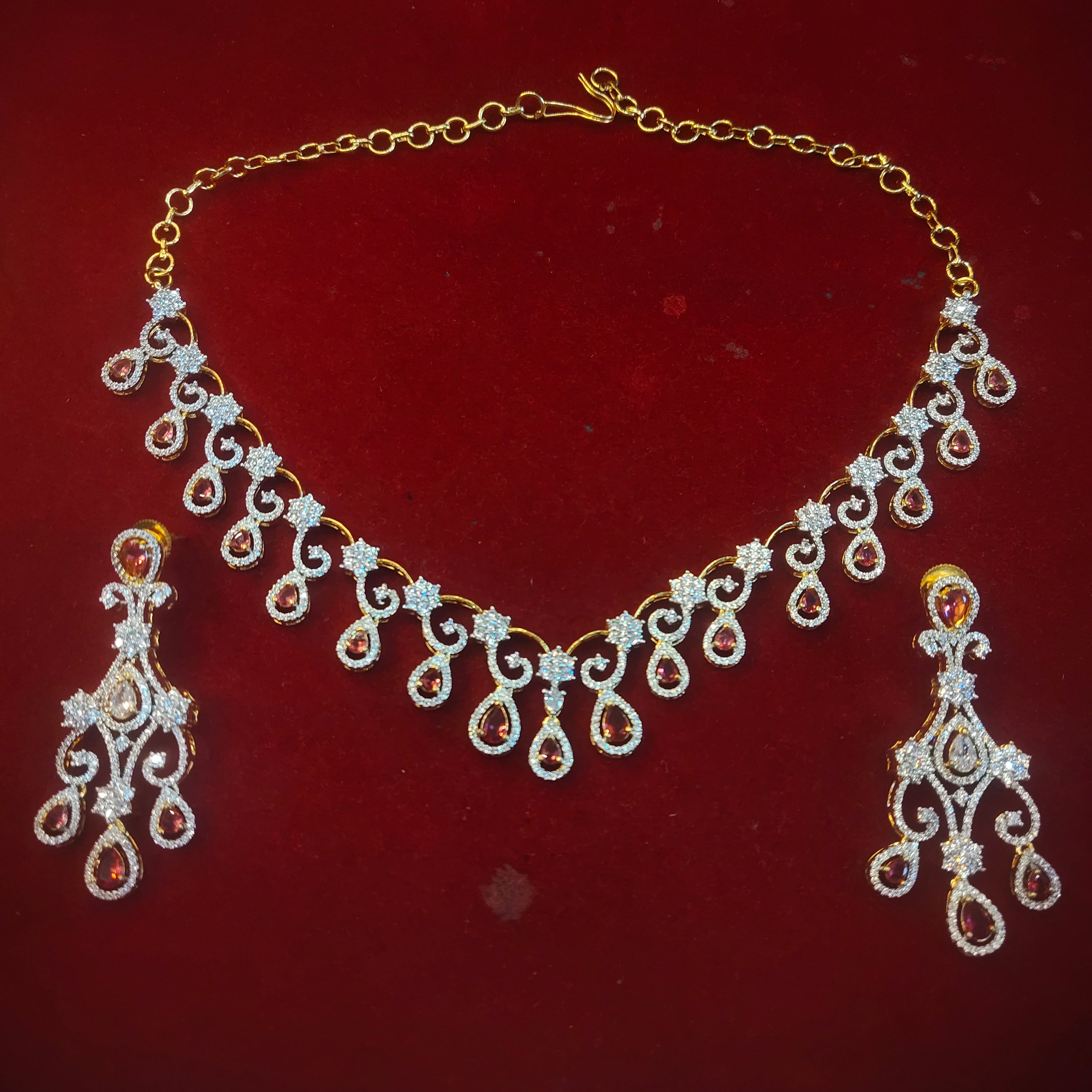American Diamond Necklace Set with Ruby Red Stones